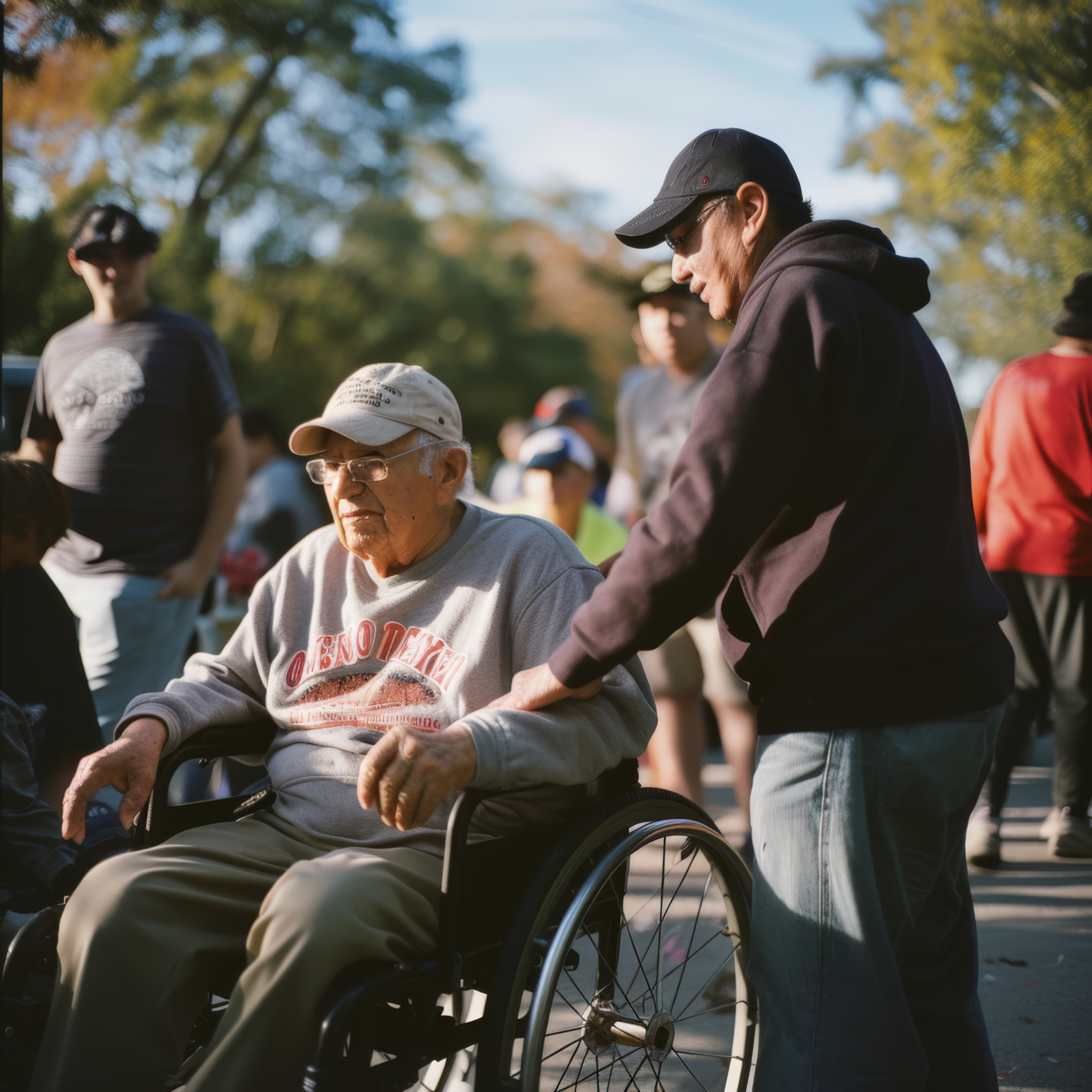 A support worker walking alongside a participant in an outdoor community setting